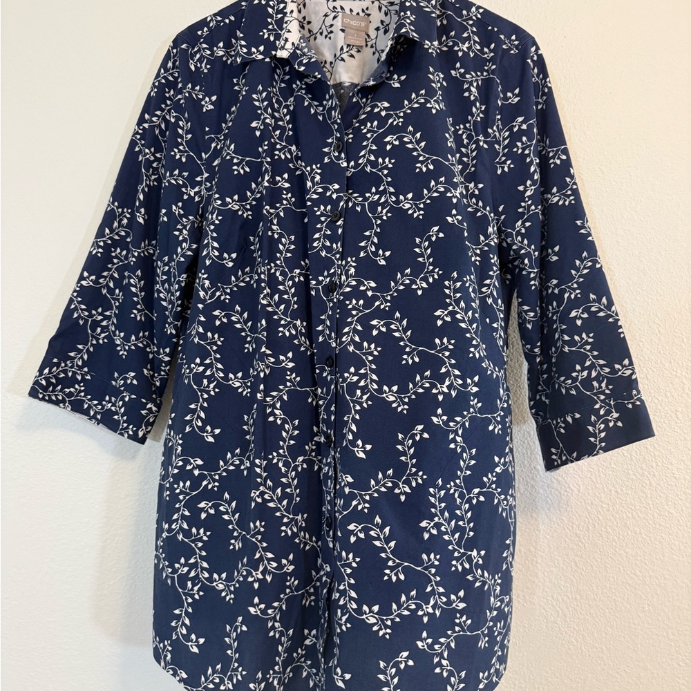 Chico's tunic top women 16 / 18 Chicos 3 pockets coastal beach 3/4 sleeves